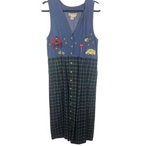 C.W. Studio Denim Plaid Maxi Dress Embroidered School Scene M